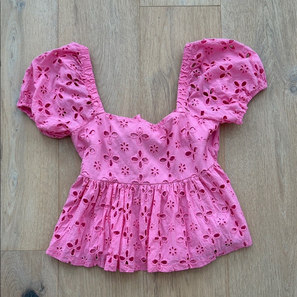 Altar’d State Pink Eyelet Puff Sleeve Top